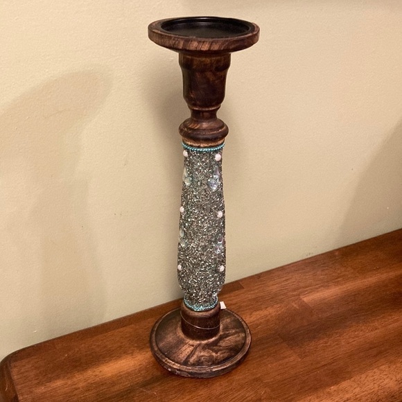 NWT GORGEOUS BEADED & JEWELED 15" WOODEN CANDLESTICK - Picture 1 of 10